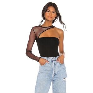 h:ours Jeffrey One Shoulder Mesh Bodysuit in Black small